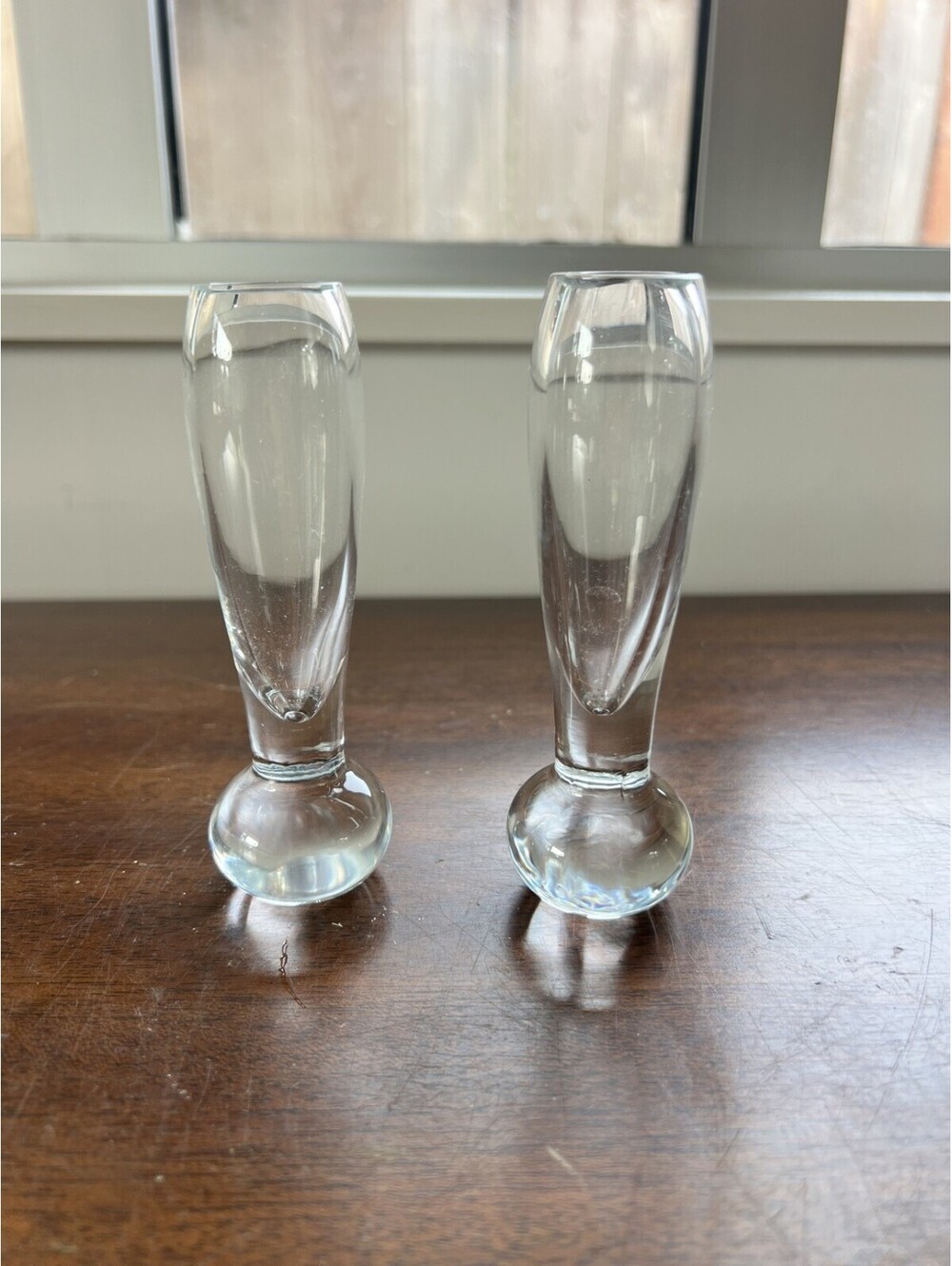 Vintage Handblown Clear Glass Bud Vase Pair Ball Base 5"
